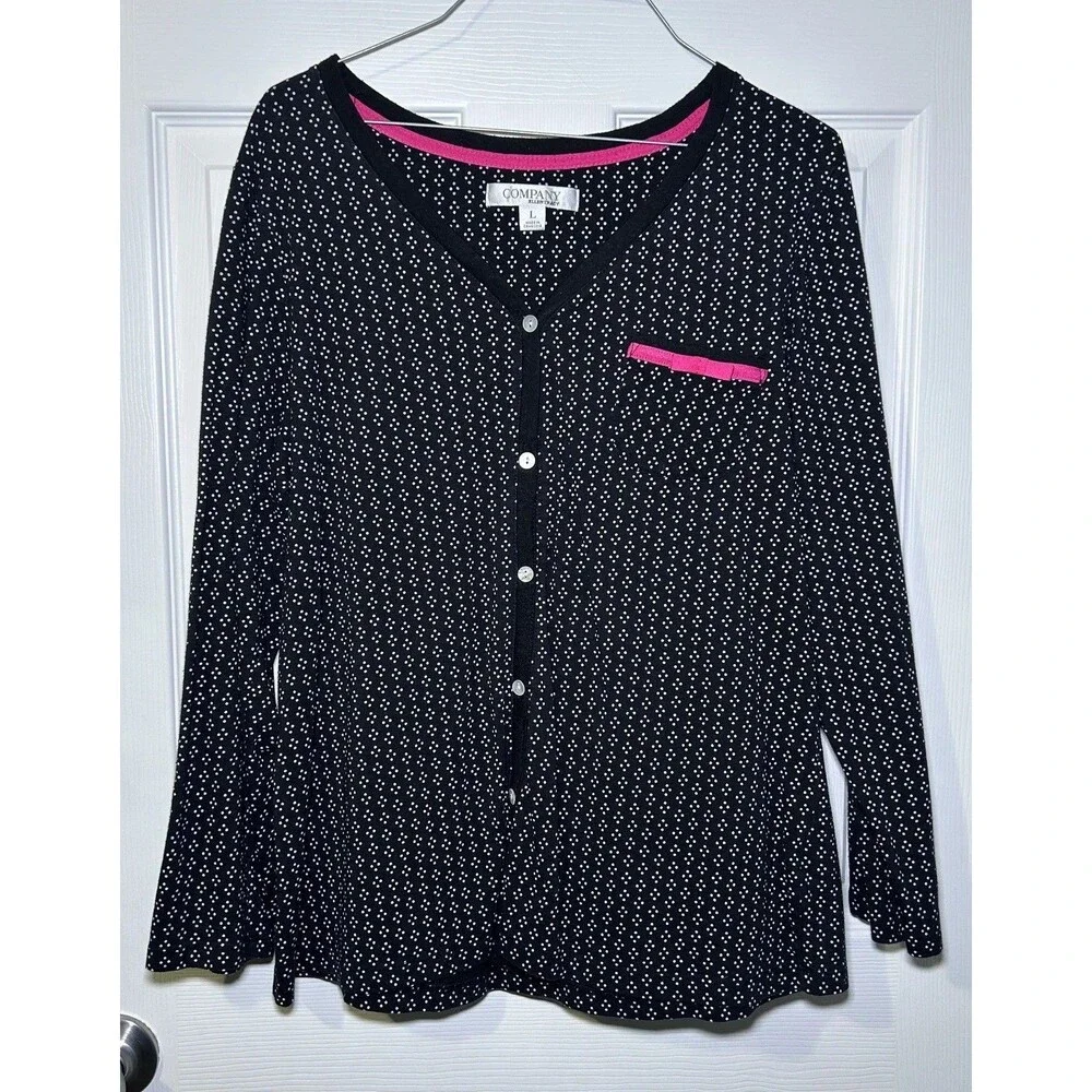Company Ellen Tracy Pajama Top Women's Large Black Polka Dot Button Long Sleeve